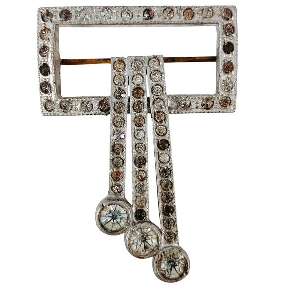 Antique 1920s-1930s Art Deco Rhinestone Brooch, Geometric Dangle - Picture 1 of 8